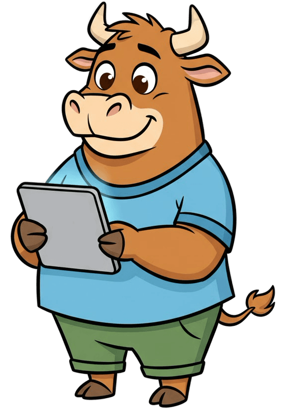 Toro the bull mascot looking at his iPad