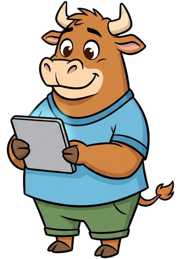 Toro the bull mascot looking at his iPad